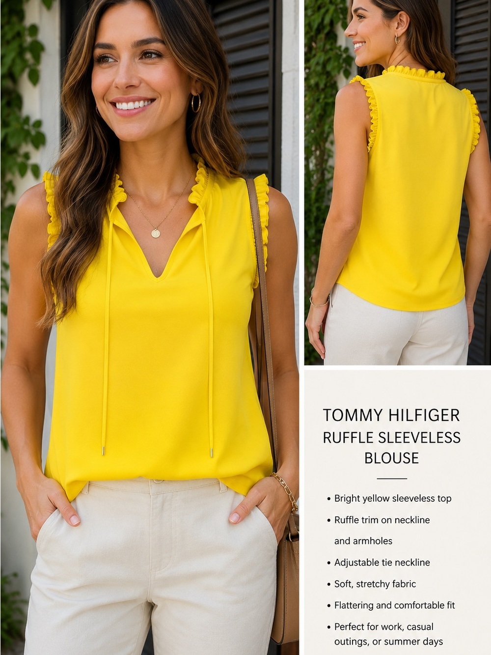 Tommy Hilfiger Women’s Bright Yellow Ruffle Sleeveless Blouse Top Size Small